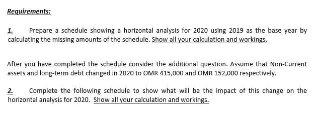 Requirements:
1.
Prepare a schedule showing a horizontal analysis for 2020 using 2019 as the base year by
calculating the missing amounts of the schedule. Show all your calculation and workings.
After you have completed the schedule consider the additional question. Assume that Non-Current
assets and long-term debt changed in 2020 to OMR 415,000 and OMR 152,000 respectively.
2.
Complete the following schedule to show what will be the impact of this change on the
horizontal analysis for 2020. Show all your calculation and workings.
