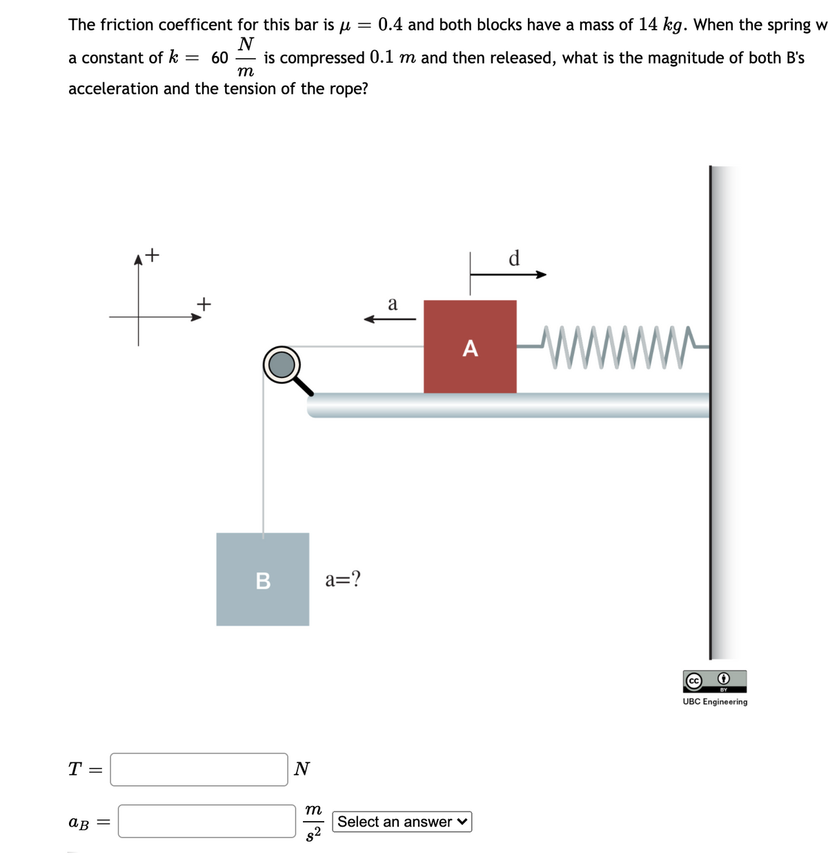 The friction coefficent for this bar is u
0.4 and both blocks have a mass of 14 kg. When the spring w
N
a constant of k
60
is compressed 0.1 m and then released, what is the magnitude of both B's
m
acceleration and the tension of the rope?
it
d
+
a
A
a=?
cc
UBC Engineering
T =
N
m
Select an answer v
g2
ав
