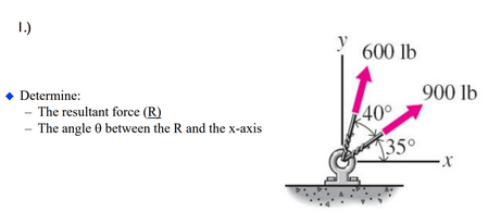 1.)
600 lb
Determine:
900 lb
- The resultant force (R)
- The angle 0 between the R and the x-axis
40
35°
