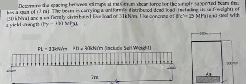 Determine the spacing between stirrups at maximum shear force for the simply supported beam that
has a span of (7 m). The beam is carrying a uniformly distributed dead load (including its self-weight) of
(30 kN/m) and a uniformly distributed live load of 31 kN/m. Use concrete of (Fe'= 25 MPa) and steel with
a yield strength (Fy = 300 MPa).
PL = 31kN/m PD = 30kN/m (include Self Weight)
7m
-300mm-
As
500mm