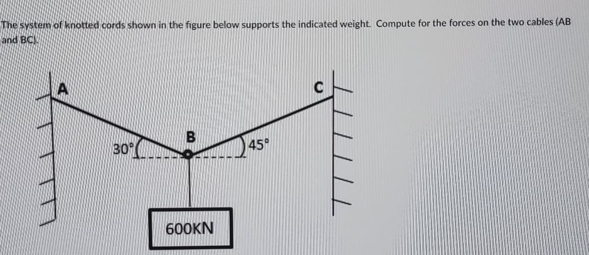 The system of knotted cords shown in the figure below supports the indicated weight. Compute for the forces on the two cables (AB
and BC).
30
45°
600KN
