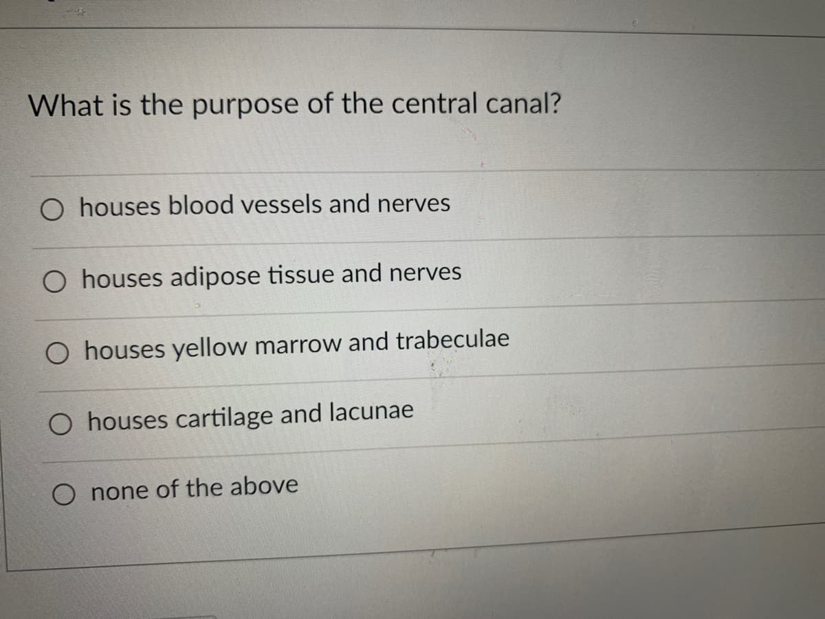 What is the purpose of the central canal?
O houses blood vessels and nerves
O houses adipose tissue and nerves
O houses yellow marrow and trabeculae
O houses cartilage and lacunae
none of the above
