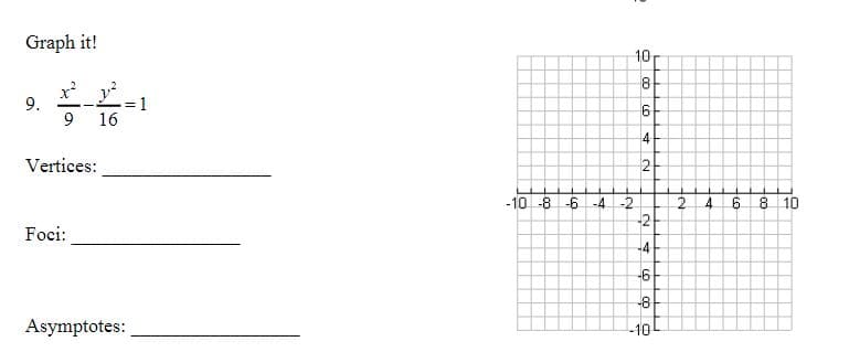Graph it!
10
8
x y
9.
= 1
16
9.
Vertices:
2-
-10 -8 -6 -4 -2
2.
4.
8 10
-2-
Foci:
-4
-6
-8
Asymptotes:
-10
