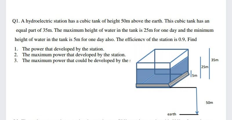 Q1. A hydroelectric station has a cubic tank of height 50m above the earth. This cubic tank has an
equal part of 35m. The maximum height of water in the tank is 25m for one day and the minimum
height of water in the tank is 5m for one day also. The efficiency of the station is 0.9, Find
1. The power that developed by the station.
2. The maximum power that developed by the station.
3. The maximum power that could be developed by the :
35m
25m
lsm
|5m
50m
earth
