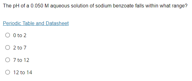 The pH of a 0.050 M aqueous solution of sodium benzoate falls within what range?
Periodic Table and Datasheet
O O to 2
O 2 to 7
O 7 to 12
O 12 to 14
