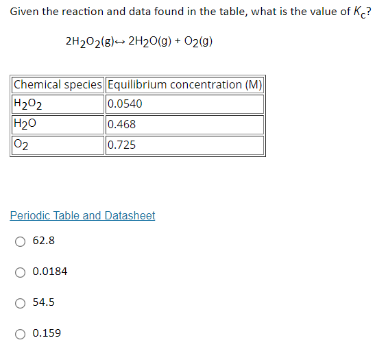 Given the reaction and data found in the table, what is the value of K?
2H202(g)→ 2H20(g) + O2(g)
Chemical species Equilibrium concentration (M)
H202
H20
02
0.0540
0.468
0.725
Periodic Table and Datasheet
62.8
0.0184
54.5
0.159

