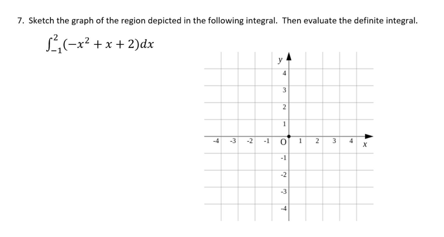 Sketch the graph of the region depicted in the following integral. Then evaluate the definite integral.
L(-x² + x + 2)dx
