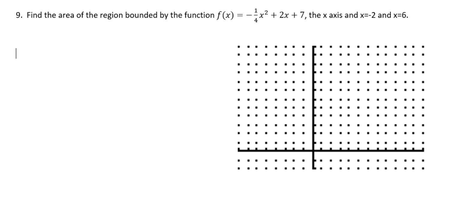 Find the area of the region bounded by the function f (x) =
x2 + 2x + 7, the x axis and x=-2 and x=6.
