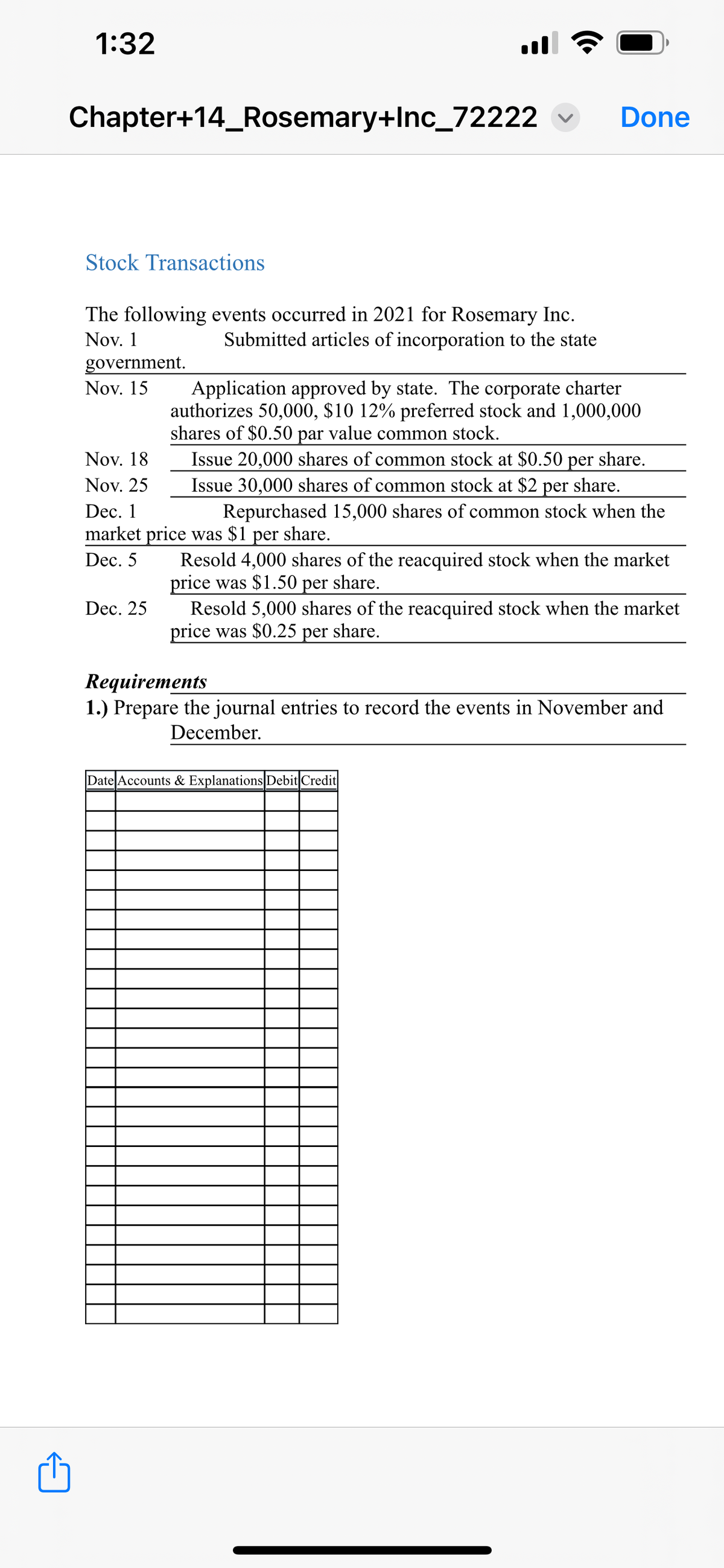 1:32
Chapter+14_Rosemary+Inc_72222
Stock Transactions
The following events occurred in 2021 for Rosemary Inc.
Nov. 1
Submitted articles of incorporation to the state
government.
Nov. 15
Application approved by state. The corporate charter
authorizes 50,000, $10 12% preferred stock and 1,000,000
shares of $0.50 par value common stock.
Nov. 18
Issue 20,000 shares of common stock at $0.50 per share.
Issue 30,000 shares of common stock at $2 per share.
Nov. 25
Dec. 1
Repurchased 15,000 shares of common stock when the
market price was $1 per share.
Dec. 5
Dec. 25
Done
Resold 4,000 shares of the reacquired stock when the market
price was $1.50 per share.
Resold 5,000 shares of the reacquired stock when the market
price was $0.25 per share.
Requirements
1.) Prepare the journal entries to record the events in November and
December.
Date Accounts & Explanations Debit Credit