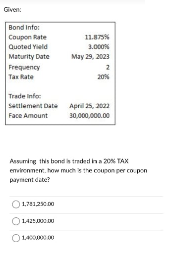 Given:
Bond Info:
Coupon Rate
Quoted Yield
11.875%
3.000%
Maturity Date
Frequency
Tax Rate
May 29, 2023
2
20%
Trade Info:
Settlement Date April 25, 2022
Face Amount
30,000,000.00
Assuming this bond is traded in a 20% TAX
environment, how much is the coupon per coupon
payment date?
) 1,781.250.00
1,425,000.00
1,400,000.00
