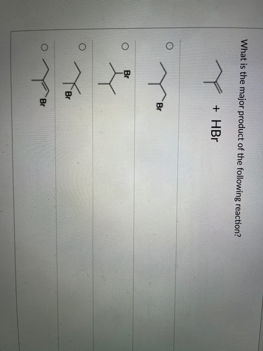 What is the major product of the following reaction?
Br
Увг
Br
+ HBr
Br
Br