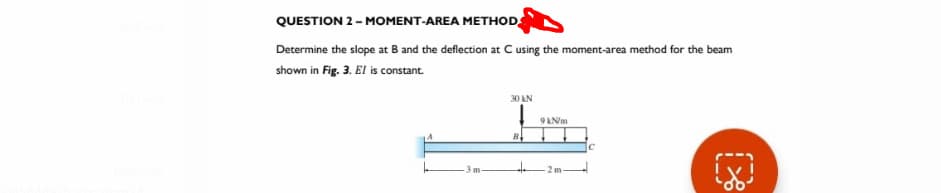 QUESTION 2 - MOMENT-AREA METHOD
Determine the slope at B and the deflection at C using the moment-area method for the beam
shown in Fig. 3. El is constant.
30 KN
9 kN/m