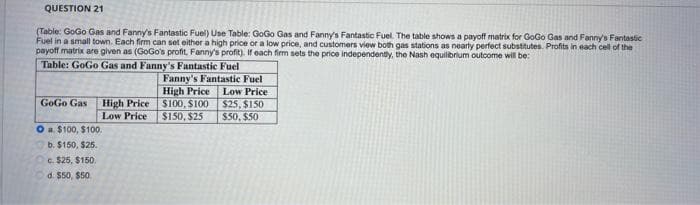 QUESTION 21
(Table: GoGo Gas and Fanny's Fantastic Fuel) Use Table: GoGo Gas and Fanny's Fantastic Fuel. The table shows a payoff matrix for GoGo Gas and Fanny's Fantastic
Fuel in a small town. Each firm can set either a high price or a low price, and customers view both gas stations as nearly perfect substitutes. Profits in each cell of the
payoff matrix are given as (GoGo's profit, Fanny's profit). If each firm sets the price independently, the Nash equilibrium outcome will be:
Table: GoGo Gas and Fanny's Fantastic Fuel
Fanny's Fantastic Fuel
High Price
S100, S100 $25, $150
$150, $25
Low Price
High Price
Low Price
GoGo Gas
$50, $50
O a $100, $100.
b. $150, $25.
c. $25, $150.
d. S50, $50
