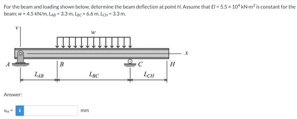 For the beam and loading shown below, determine the beam deflection at point H. Assume that El = 5.5 × 104 kN-m² is constant for the
beam; w = 4.5 kN/m, LAB = 3.3 m, LBC = 6.6 m, LCH = 3.3 m.
W
X
A
B
C
LAB
LBC
Answer:
VH = i
mm
LCH
H