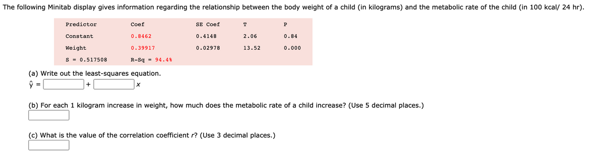 The following Minitab display gives information regarding the relationship between the body weight of a child (in kilograms) and the metabolic rate of the child (in 100 kcal/ 24 hr).
Predictor
Сoef
SE Coef
T
Constant
0.8462
0.4148
2.06
0.84
Weight
0.39917
0.02978
13.52
0.000
S = 0.517508
R-Sq
= 94.4%
(a) Write out the least-squares equation.
+
(b) For each 1 kilogram increase in weight, how much does the metabolic rate of a child increase? (Use 5 decimal places.)
(c) What is the value of the correlation coefficient r? (Use 3 decimal places.)
