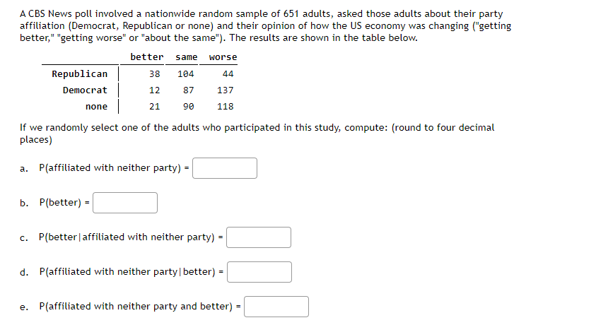 A CBS News poll involved a nationwide random sample of 651 adults, asked those adults about their party
affiliation (Democrat, Republican or none) and their opinion of how the US economy was changing ("getting
better," "getting worse" or "about the same"). The results are shown in the table below.
better
same
worse
Republican
38
104
44
Democrat
12
87
137
none
21
90
118
If we randomly select one of the adults who participated in this study, compute: (round to four decimal
places)
a. P(affiliated with neither party) =
b. Р(better) -
c. P(better|affiliated with neither party) =
d. P(affiliated with neither party| better) =
e. P(affiliated with neither party and better) =
