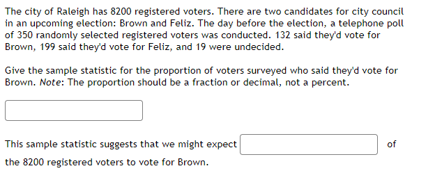 The city of Raleigh has 8200 registered voters. There are two candidates for city council
in an upcoming election: Brown and Feliz. The day before the election, a telephone poll
of 350 randomly selected registered voters was conducted. 132 said they'd vote for
Brown, 199 said they'd vote for Feliz, and 19 were undecided.
Give the sample statistic for the proportion of voters surveyed who said they'd vote for
Brown. Note: The proportion should be a fraction or decimal, not a percent.
This sample statistic suggests that we might expect
of
the 8200 registered voters to vote for Brown.
