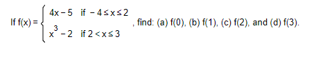 If f(x)=
4x-5
3
x-2
if -4≤x≤2
if 2<x≤3
find: (a) f(0), (b) f(1), (c) f(2), and (d) f(3).