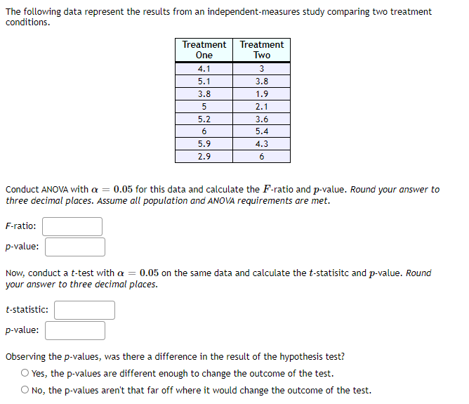 The following data represent the results from an independent-measures study comparing two treatment
conditions.
Treatment
One
Treatment
Two
4.1
5.1
3.8
3.8
1.9
2.1
5.2
3.6
5.4
5.9
4.3
2.9
Conduct ANOVA with a = 0.05 for this data and calculate the F-ratio and p-value. Round your answer to
three decimal places. Assume all population and ANOVA requirements are met.
F-ratio:
p-value:
Now, conduct a t-test with a = 0.05 on the same data and calculate the t-statisitc and p-value. Round
your answer to three decimal places.
t-statistic:
p-value:
Observing the p-values, was there a difference in the result of the hypothesis test?
O Yes, the p-values are different enough to change the outcome of the test.
O No, the p-values aren't that far off where it would change the outcome of the test.
