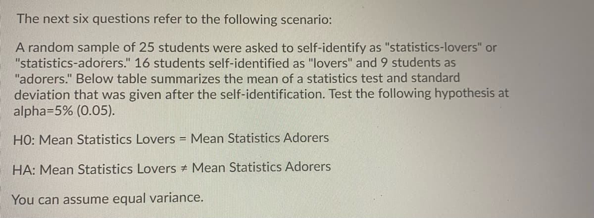 The next six questions refer to the following scenario:
A random sample of 25 students were asked to self-identify as "statistics-lovers" or
"statistics-adorers." 16 students self-identified as "lovers" and 9 students as
"adorers." Below table summarizes the mean of a statistics test and standard
deviation that was given after the self-identification. Test the following hypothesis at
alpha=5% (0.05).
HO: Mean Statistics Lovers = Mean Statistics Adorers
HA: Mean Statistics Lovers Mean Statistics Adorers
You can assume equal variance.
