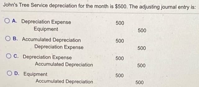 John's Tree Service depreciation for the month is $500. The adjusting journal entry is:
O A. Depreciation Expense
Equipment
500
500
O B. Accumulated Depreciation
500
Depreciation Expense
500
O C. Depreciation Expense
500
Accumulated Depreciation
500
O D. Equipment
500
Accumulated Depreciation
500
