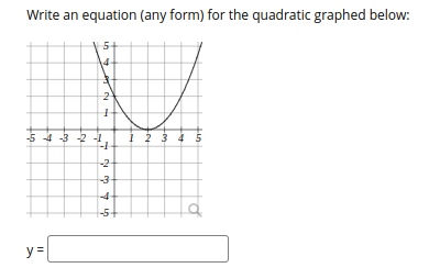 Write an equation (any form) for the quadratic graphed below:
14
-5 4 3 2 -1
i 2 3 4 5
-2
-3-
-4
-5+
y =
