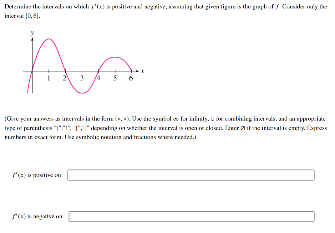 Determine the intervals on which f'(x) is positive and negative, assuming that given figure is the graph of f. Consider only the
interval [0,6].
y
1
2
3
14
6.
(Give your answers as intervals in the form (*, *). Use the symbol o for infinity, U for combining intervals, and an appropriate
type of parenthesis "(",")", "[","]" depending on whether the interval is open or closed. Enter Ø if the interval is empty. Express
numbers in exact form. Use symbolic notation and fractions where needed.)
f'(x) is positive on
f'(x) is negative on
