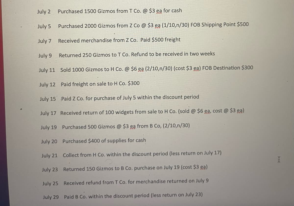July 2
Purchased 1500 Gizmos from T Co. @ $3 ea for cash
July 5
Purchased 2000 Gizmos from Z Co @ $3 ea (1/10,n/30) FOB Shipping Point $500
July 7
Received merchandise from Z Co. Paid $500 freight
July 9
Returned 250 Gizmos to T Co. Refund to be received in two weeks
July 11 Sold 1000 Gizmos to H Co. @ $6 ea (2/10,n/30) (cost $3 ea) FOB Destination $300
July 12 Paid freight on sale to H Co. $300
July 15 Paid Zz Co. for purchase of July 5 within the discount period
July 17 Received return of 100 widgets from sale to H Co. (sold @ $6 ea, cost @ $3 ea)
July 19 Purchased 500 Gizmos @ $3 ea from B Co, (2/10,n/30)
July 20 Purchased $400 of supplies for cash
July 21 Collect from H Co. within the discount period (less return on July 17)
July 23 Returned 150 Gizmos to B Co. purchase on July 19 (cost $3 ea)
July 25 Received refund from T Co. for merchandise returned on July 9
July 29 Paid B Co. within the discount period (less return on July 23)
