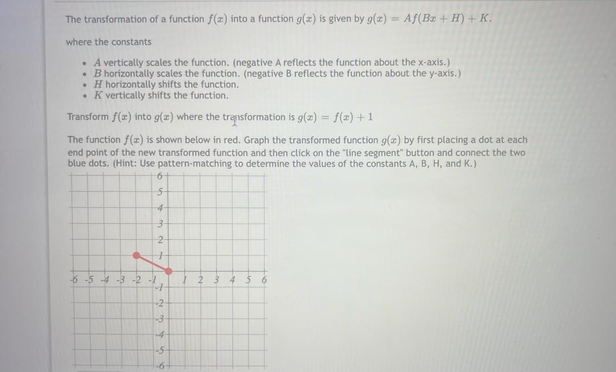 The transformation of a function f(x) into a function g(x) is given by g(x)
Af(Bx + H) + K.
%3D
where the constants
• A vertically scales the function. (negative A reflects the function about the x-axis.)
• B horizontally scales the function. (negative B reflects the function about the y-axis.)
• H horizontally shifts the function.
• K vertically shifts the function.
Transform f(x) into g(x) where the transformation is g(x)
f(x) + 1
The function f(x) is shown below in red. Graph the transformed function g(x) by first placing a dot at each
end point of the new transformed function and then click on the "line segment" button and connect the two
blue dots. (Hint: Use pattern-matching to determine the values of the constants A, B, H, and K.)
6-
4
-6 -5 -4 -3 -2 -1
3.
4
5
6
-2
-3
-4
-5
-6+
