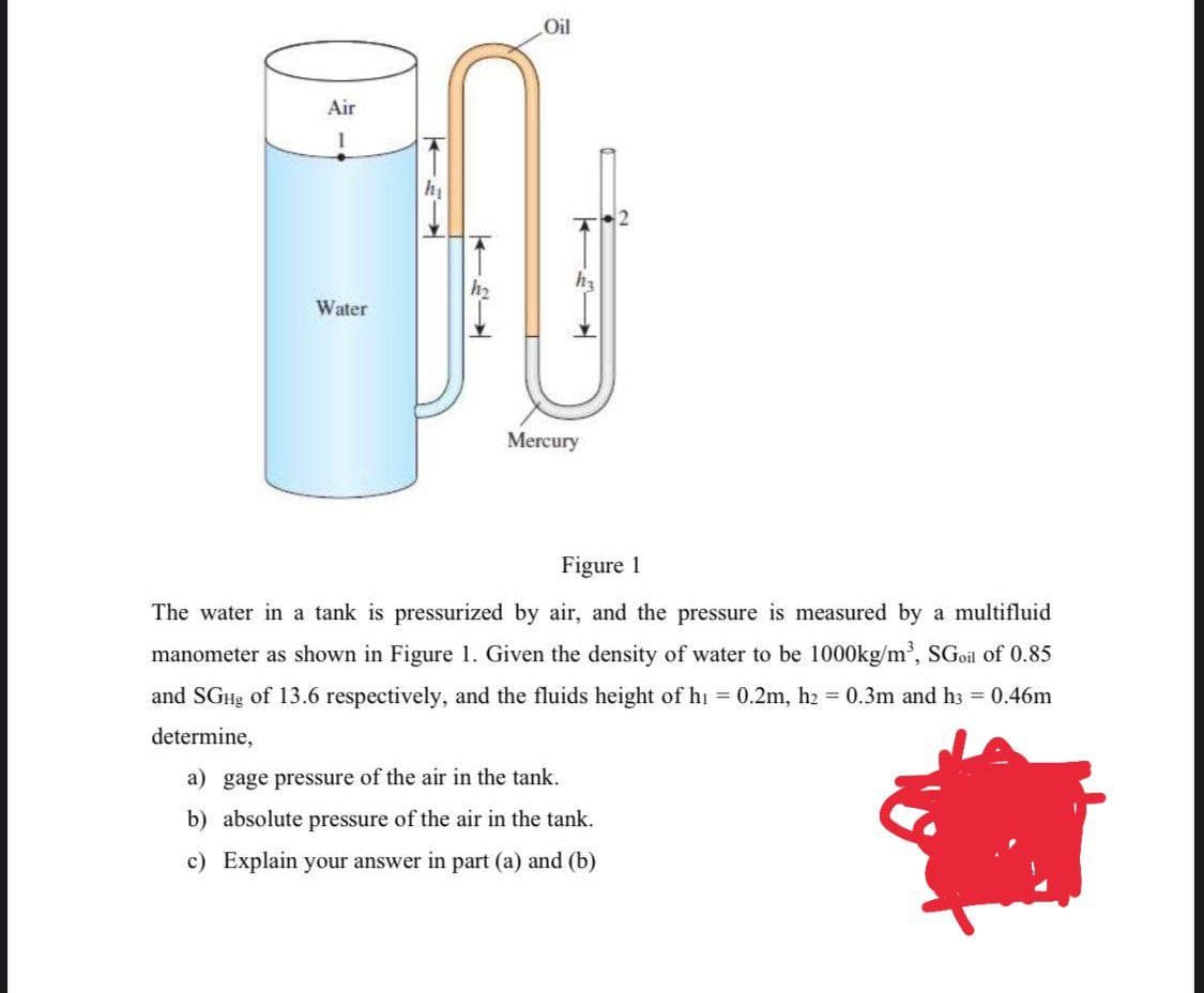 Oil
Air
Water
Mercury
Figure 1
The water in a tank is pressurized by air, and the pressure is measured by a multifluid
manometer as shown in Figure 1. Given the density of water to be 1000kg/m', SGoil of 0.85
and SGH of 13.6 respectively, and the fluids height of hi = 0.2m, hz 0.3m and h3 = 0.46m
determine,
a) gage pressure of the air in the tank.
b) absolute pressure of the air in the tank.
c) Explain your answer in part (a) and (b)
