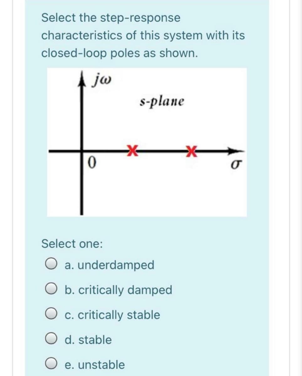 Select the step-response
characteristics of this system with its
closed-loop poles as shown.
jw
s-plane
Select one:
O a. underdamped
b. critically damped
c. critically stable
O d. stable
O e. unstable

