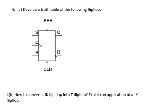 4. (a) Develop a truth table of the following flipflop:
PRE
R
CLR
4(b) How to convert a JK flip flop into T flipflop? Explain an application of a JK
flipflop.
