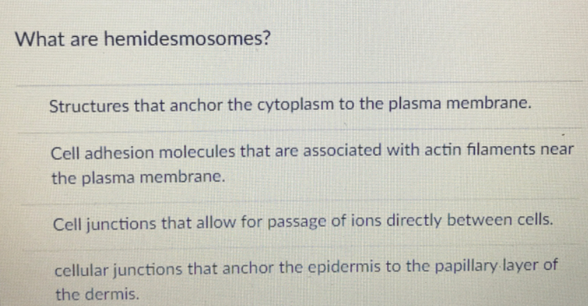 What are hemidesmosomes?
Structures that anchor the cytoplasm to the plasma membrane.
Cell adhesion molecules that are associated with actin filaments near
the plasma membrane.
Cell junctions that allow for passage of ions directly between cells.
cellular junctions that anchor the epidermis to the papillary layer of
the dermis.
