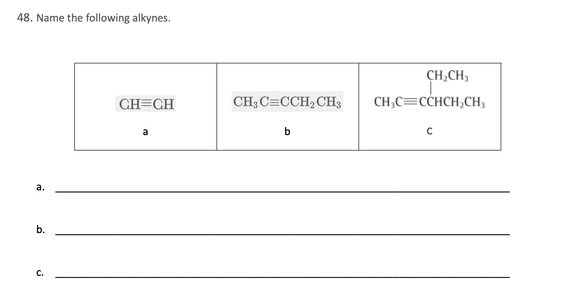 . Name the following alkynes.
CH,CH3
GH=CH
CH3 C=CCH, CH3
CH3C=CCHCH,CH3
a
b
а.
b.
С.
