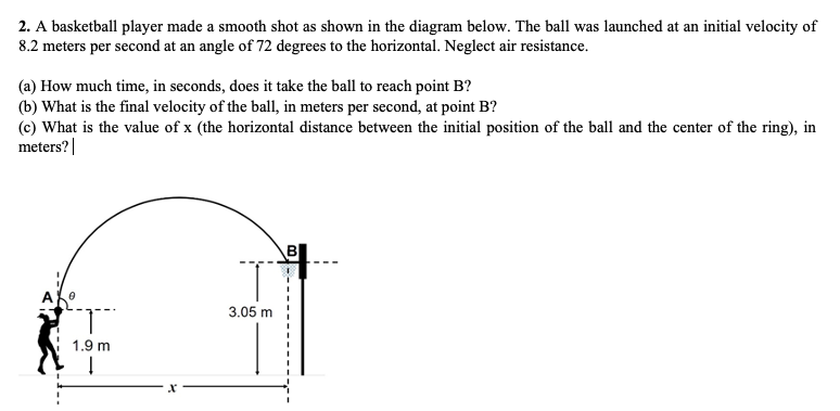 2. A basketball player made a smooth shot as shown in the diagram below. The ball was launched at an initial velocity of
8.2 meters per second at an angle of 72 degrees to the horizontal. Neglect air resistance.
(a) How much time, in seconds, does it take the ball to reach point B?
(b) What is the final velocity of the ball, in meters per second, at point B?
(c) What is the value of x (the horizontal distance between the initial position of the ball and the center of the ring), in
meters?|
B
3.05 m
1.9 m
