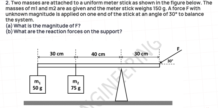 2. Two masses are attached to a uniform meter stick as shown in the figure below. The
masses of m1 and m2 are as given and the meter stick weighs 150 g. A force F with
unknown magnitude is applied on one end of the stick at an angle of 30° to balance
the system.
(a) What is the magnitude of F?
(b) What are the reaction forces on the support?
30 стm
40 cm
F
30 cm
30°
m2
75 g
50 g
GINERNG
