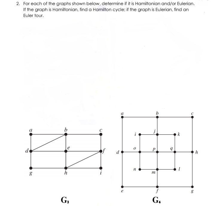 2. For each of the graphs shown below, determine if it is Hamiltonian and/or Eulerian.
If the graph is Hamiltonian, find a Hamilton cycle; if the graph is Eulerian, find an
Euler tour.
b
b
k
de
d
h
n
h
m
G3
G4
