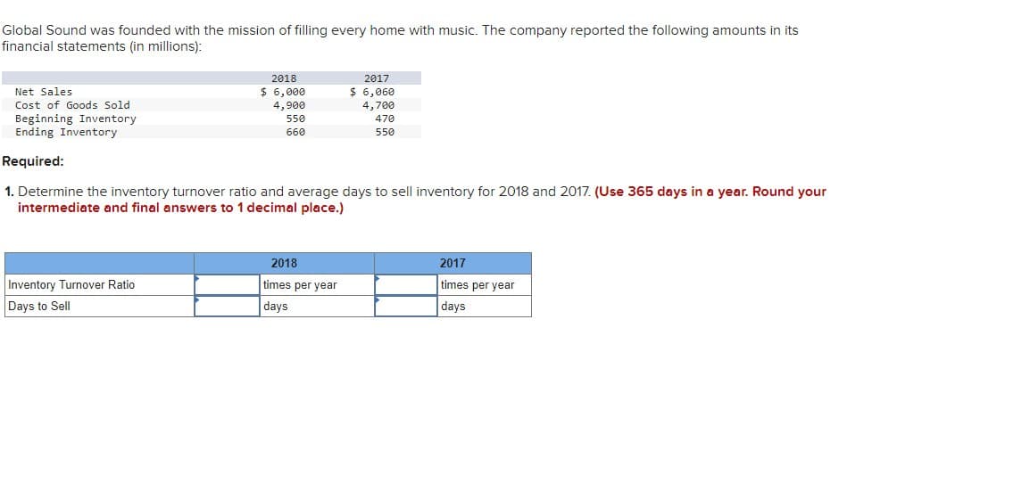 Global Sound was founded with the mission of filling every home with music. The company reported the following amounts in its
financial statements (in millions):
Net Sales
Cost of Goods Sold
Beginning Inventory
Ending Inventory
Required:
2018
$ 6,000
4,900
Inventory Turnover Ratio
Days to Sell
550
660
2017
$ 6,060
4,700
1. Determine the inventory turnover ratio and average days to sell inventory for 2018 and 2017. (Use 365 days in a year. Round your
intermediate and final answers to 1 decimal place.)
2018
times per year
days
470
550
2017
times per year
days