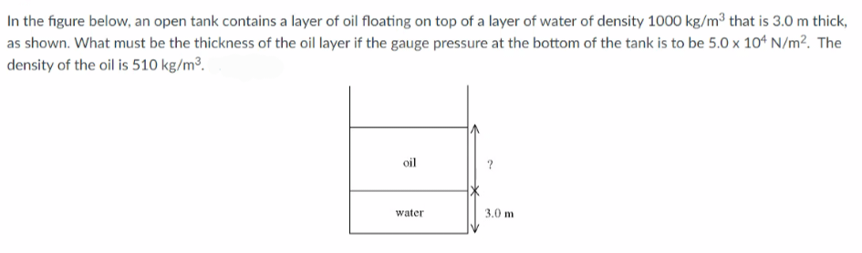 In the figure below, an open tank contains a layer of oil floating on top of a layer of water of density 1000 kg/m³ that is 3.0 m thick,
as shown. What must be the thickness of the oil layer if the gauge pressure at the bottom of the tank is to be 5.0 x 104 N/m?. The
density of the oil is 510 kg/m³.
oil
water
3.0 m
