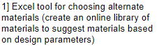 1] Excel tool for choosing alternate
materials (create an online library of
materials to suggest materials based
on design parameters)
