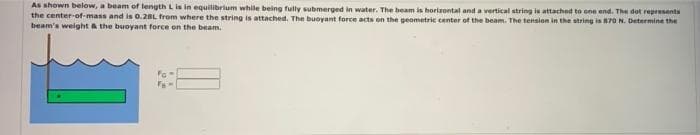 As shown below, a beam of length Lis in equilibrium while being fully submerged in water. The beam is horizontal and a vertical string is attached to ene end. The dot represents
the center-of-mass and is 0.28BL from where the string is attached. The buoyant force acts on the geometric center of the beam. The tension in the string is 870 N. Determine the
beam's weight & the buoyant force en the beam.
