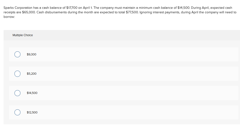 Sparks Corporation has a cash balance of $17,700 on April 1. The company must maintain a minimum cash balance of $14,500. During April, expected cash
receipts are $65,000. Cash disbursements during the month are expected to total $77,500. Ignoring interest payments, during April the company will need to
borrow:
Multiple Cholce
$9.300
$5,200
$14,500
$12,500
