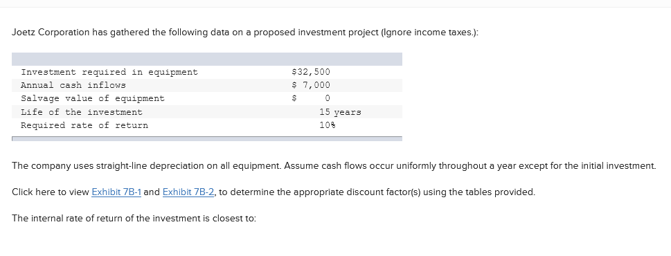 Joetz Corporation has gathered the following data on a proposed investment project (Ignore income taxes.):
Investment required in equipment
$32,500
Annual cash inflows
$ 7,000
Salvage value of equipment
Life of the investment
15 years
Required rate of return
10%
The company uses straight-line depreciation on all equipment. Assume cash flows occur uniformly throughout a year except for the initial investment.
Click here to view Exhibit 7B-1 and Exhibit 7B-2, to determine the appropriate discount factor(s) using the tables provided.
The internal rate of return of the investment is closest to:
