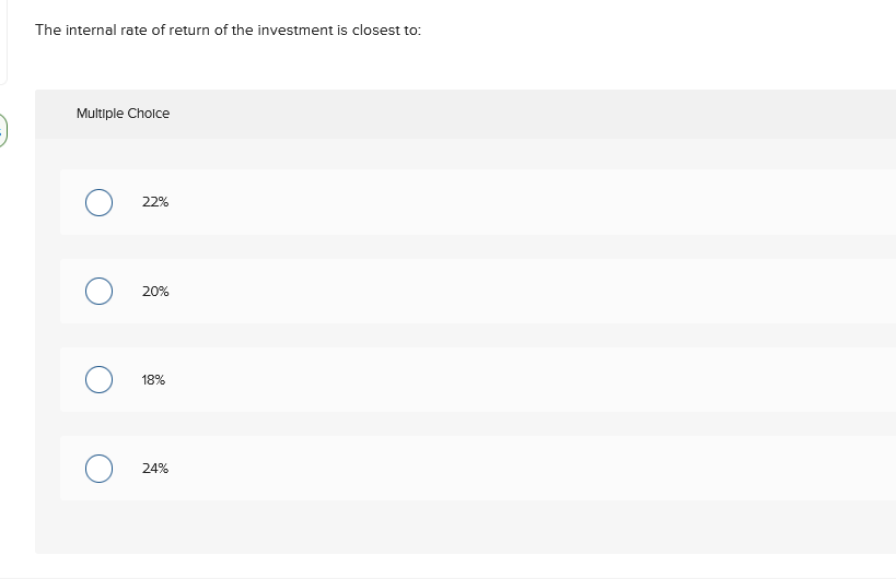 The internal rate of return of the investment is closest to:
Multiple Choice
22%
20%
18%
24%
