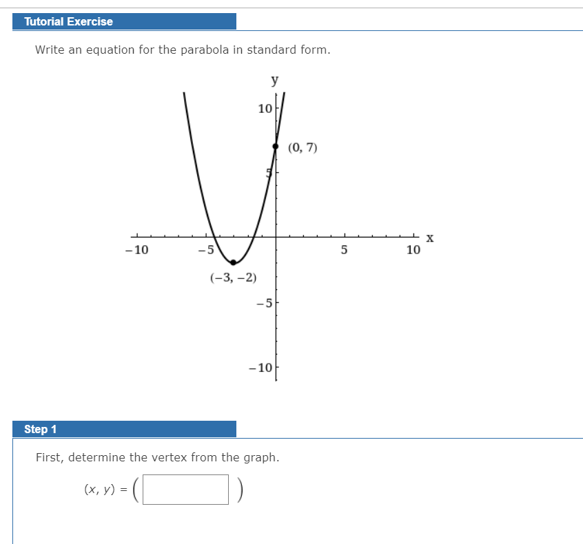 Tutorial Exercise
Write an equation for the parabola in standard form.
y
10
(0, 7)
- 10
-5
5
10
(-3, –2)
-5
- 10
Step 1
First, determine the vertex from the graph.
(х, у) %3D
