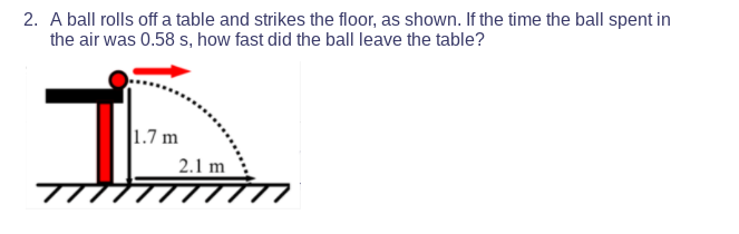 2. A ball rolls off a table and strikes the floor, as shown. If the time the ball spent in
the air was 0.58 s, how fast did the ball leave the table?
I.
1.7 m
2.1 m
