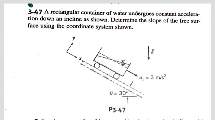 3.47 A rectangular container of water undergoes constant accelera-
tion down an incline as shown. Determine the slope of the free sur-
face using the coordinate system shown.
y
`a, = 3 m/s?
0 = 30°
P3.47
