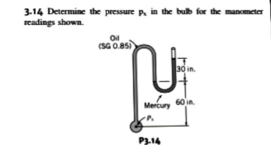 3.14 Determine the pressure p, in the bulb for the manometer
readings shown.
Oil
(SG 0.85)
30 in.
Mercury 60'in.
.
P3.14
