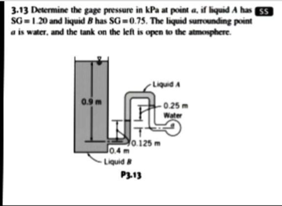 3.13 Determine the gage pressure in kPa at point a, if liquid A has 5S
SG =1.20 and liquid B has SG=0.75. The liquid surrounding point
a is water, and the tank on the left is open to the atmosphere.
Liquid A
0.9m
0.25 m
Water
0.125 m
Jo.4r
- Liquid
P3.13
