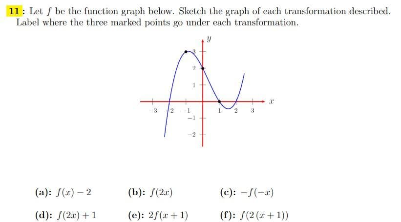 11 Let f be the function graph below. Sketch the graph of each transformation described.
Label where the three marked points go under each transformation.
Y
(a): f(x) - 2
(d): f(2x) + 1
-3 -2 -1
2
1
-1
(b): f(2x)
(e): 2f(x + 1)
-2
2
3
I
(c): -f(-x)
(f): f(2(x + 1))
